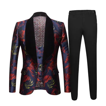 

Men's Jacquard Black Collar Suit Men Slim Fit Single Button 3 Piece Suit Men Wedding Groom Tuxedo Suits Costumes