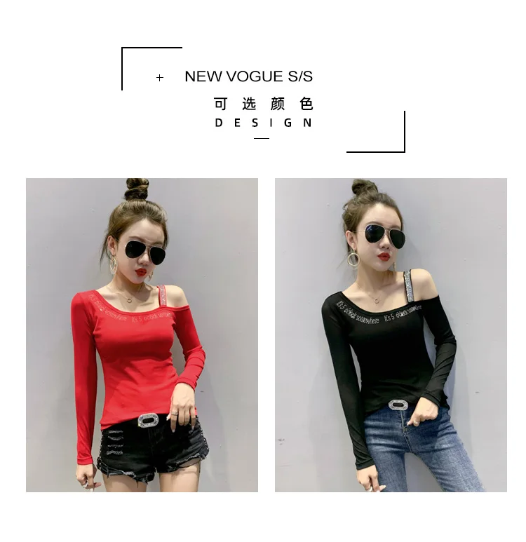 2020 Autumn New women tops Fashion long sleeve sexy off the shoulder women t-shirt hot drilling Elegant slim women clothing