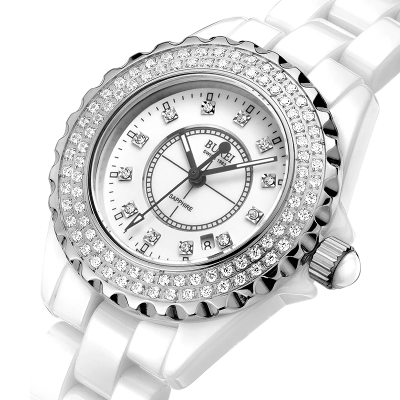 BUREI 18003 швейцарские часы для женщин люксовый бренд J12 серии австрийские стразы керамический календарь двойной белый relogio feminino