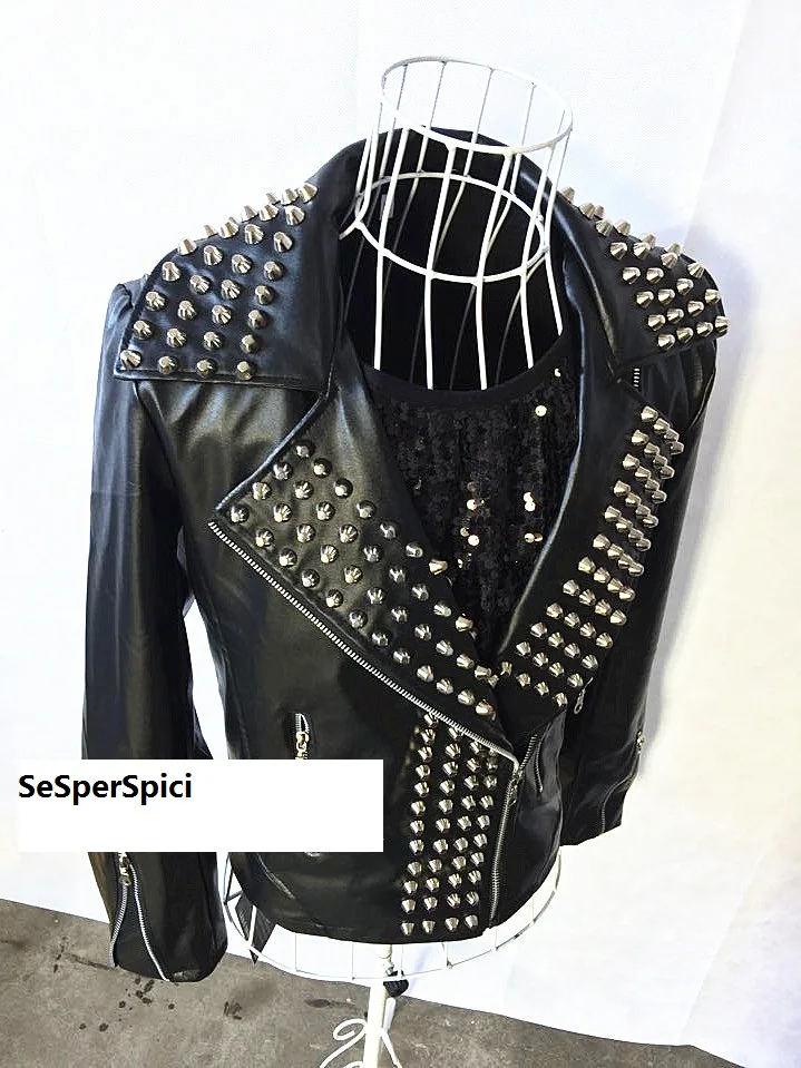 

Hot Punk rock band DJ men's singer costume non mainstream Chic Full Rivet Leather Men singer Dance costumes jacket Guitar Show