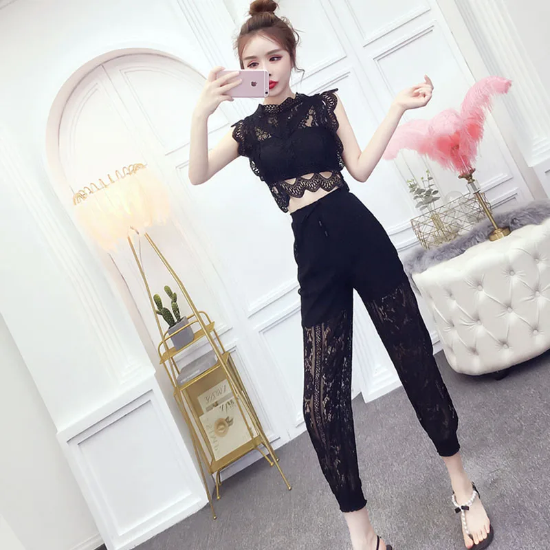 

Summer Set 2 Piece Set Women High Waist Solid Color Sexy Lace Hollow Out Short Vest Sun Protection Cropped Pants Ensemble Femme
