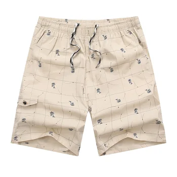 

Men Beach Pants Pure Cotton Loose Five Points Shorts Grid Printing Youth Male Middle Pants