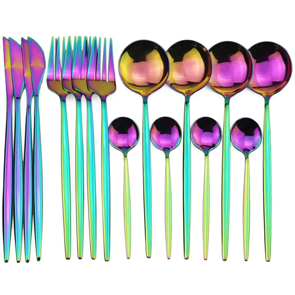 16Pcs Rainbow 16 шт. Набор Посуды Набор радужных столовых приборов 304 нержавеющая сталь столовая посуда вилка нож обеденная ложка набор столовое серебро с подарочной коробкой - Цвет: 16Pcs Rainbow