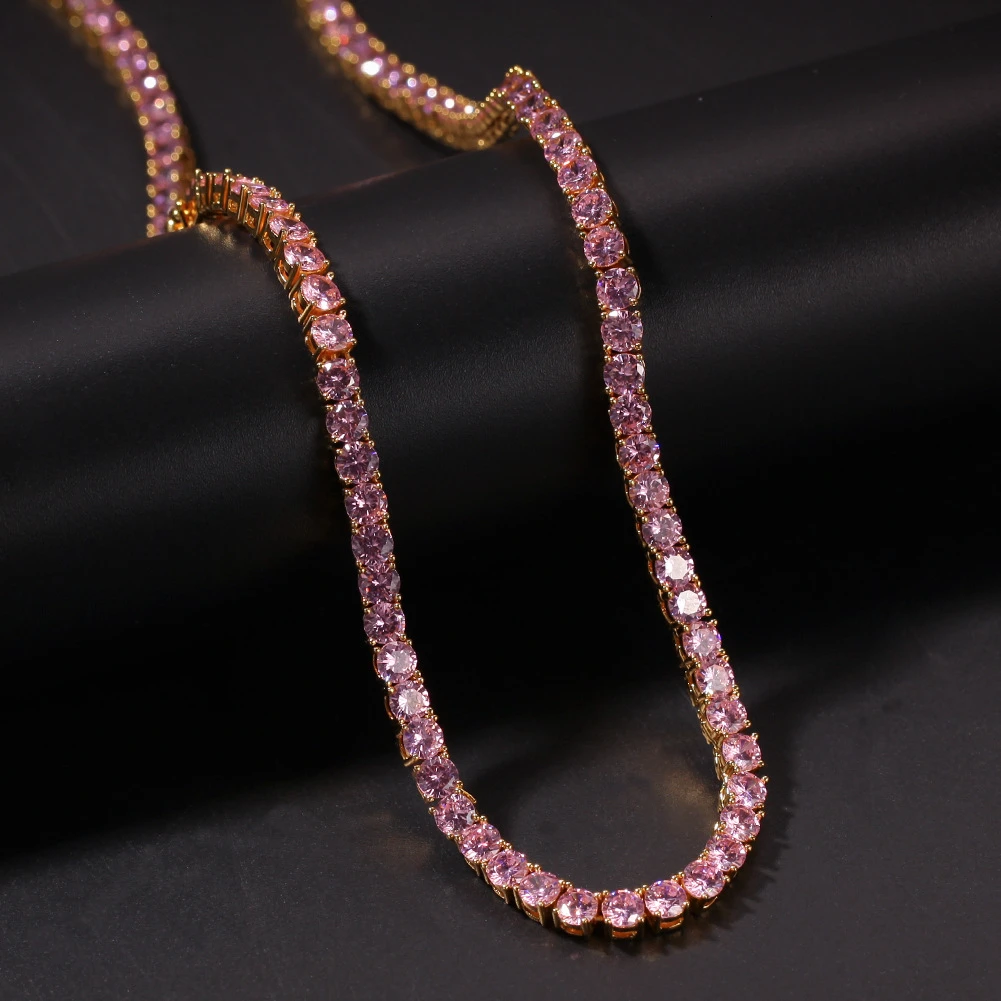 UWIN 4mm Pink Iced Ankh Cross Pendant Cubic Zirconia Tennis Chains Gold Silver Color Necklace Colored Fashion Hiphop Jewelry