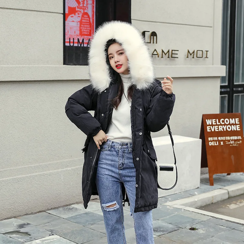 

Peach Skin Mid-length Cotton-padded Clothes Women's 2019 Winter New Style Korean-style Slim Fit Slimming Hooded Large Fur Collar