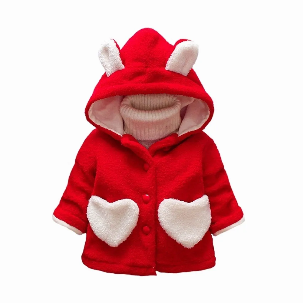

Infants Toddler Baby Girls Winter Cartoon Rabbit Ear Warm Velet Thick Girls Coat Windproof Coat Love Pockets Kids Coats 0-3T