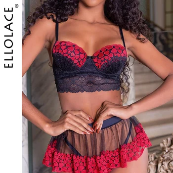 

Ellolace Sexy Lingerie Women's Underwear Set Floral Embroidery 3 Piece Push up Bra Set Padded Bra Underwear Women Set