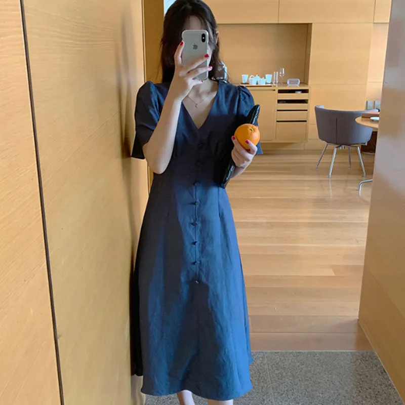 Korean V Neck Sexy Buttons Plus Size Summer Dress Girls Boho Party Female Vintage Dress Short Sleeve Women Dresses Robe Vestido