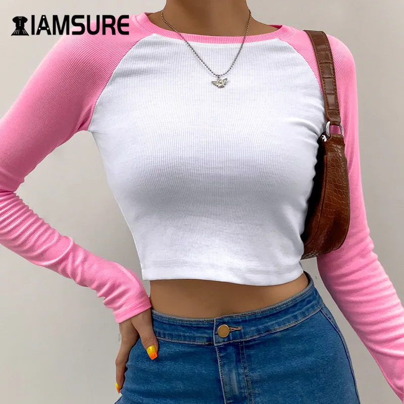 

IAMSURE 2020 Autumn Long Sleeve Contrast Patchwork Cropped Shirt For Women Slim Outfit Casual Basic Female Ribbed Shirt Harajuku