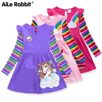 

2019 Autumn European Girls Long-sleeved Unicorn Dress New Embroidered Two Pockets Rainbow Sleeves