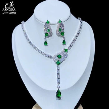 

Shiny Cubic Zirconia Green Earrings Necklace ASNORA Set Wedding Jewelry Set Women's Bride Bridesmaid Dress Accessories X0824