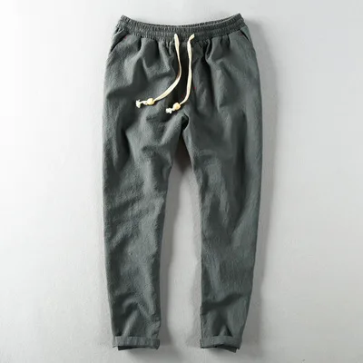 Мужские весенние летние модные брендовые японские стильные однотонные хлопковые льняные брюки длиной до щиколотки, мужские повседневные тонкие прямые брюки - Цвет: green
