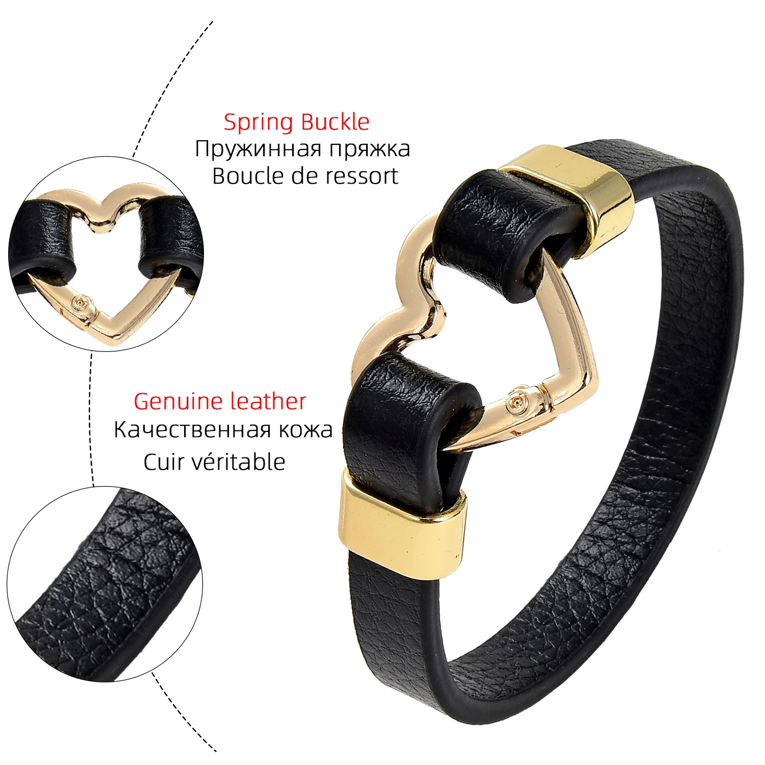 Trendy Heart Shape Spring Clasp Women Bracelet Gold Color Metal Black Leather Bracelets Girl Fashion Jewelry