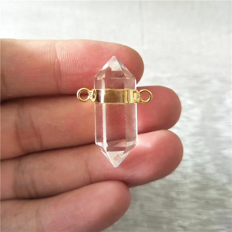 FUWO Wholesale Natural Crystal Quartz Point Pendant,Golden Double Bail Healing Stone Accessories For Necklace Making PD379 5Pcs
