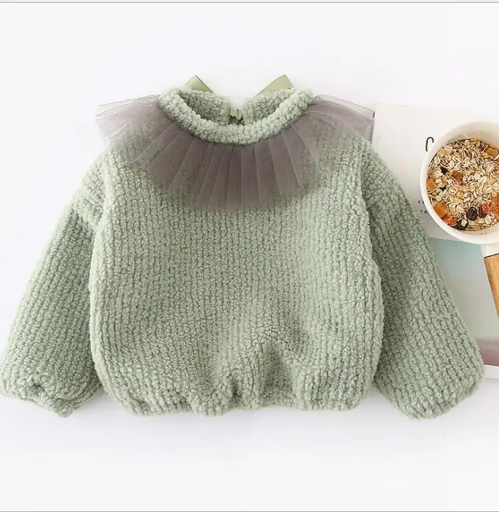 Футболка с оборками в Корейском стиле для девочек модный зимний свитер из толстого хлопка для девочек 0-5 лет, PP288