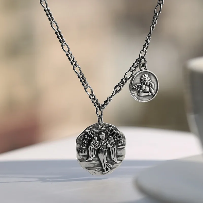 

Far Vatican S925 Sterling Silver Necklace Women's Vintage Retro Figure Coin Necklace CHIC Korean-style Cool Tag Choker