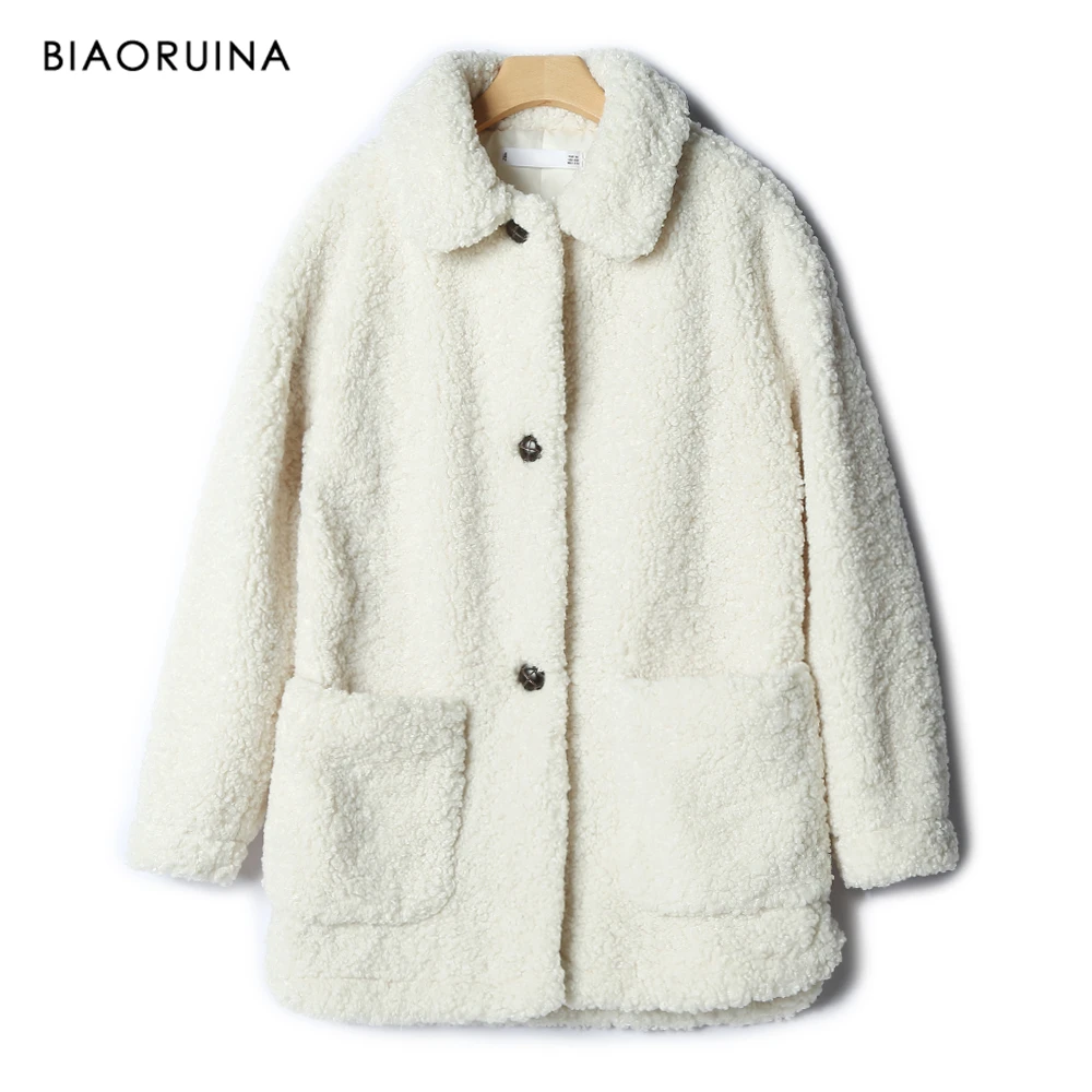 BIAORUINA Women's Winter Vinatge Style Single Breasted Loose White All-match Lamb Thick Warm Jacket Coat Turn-down Collar