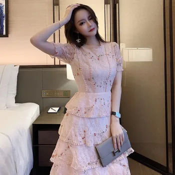 

Pink Lace Embroidery Maxi Dress Female Summer Short Sleeve High Waist Ruffle Elegant Long Party Dresses Woman 2020