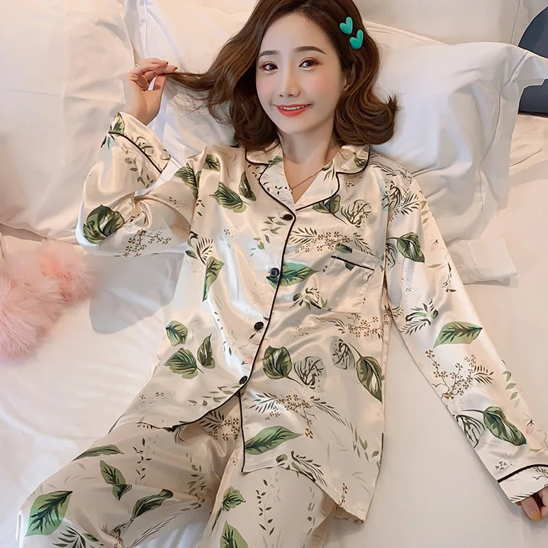 

Pajamas Women's Spring And Autumn Viscose Long Sleeve Thin Cute Green Leaf Two-Piece Set Silk Fresh Summer Home Wear