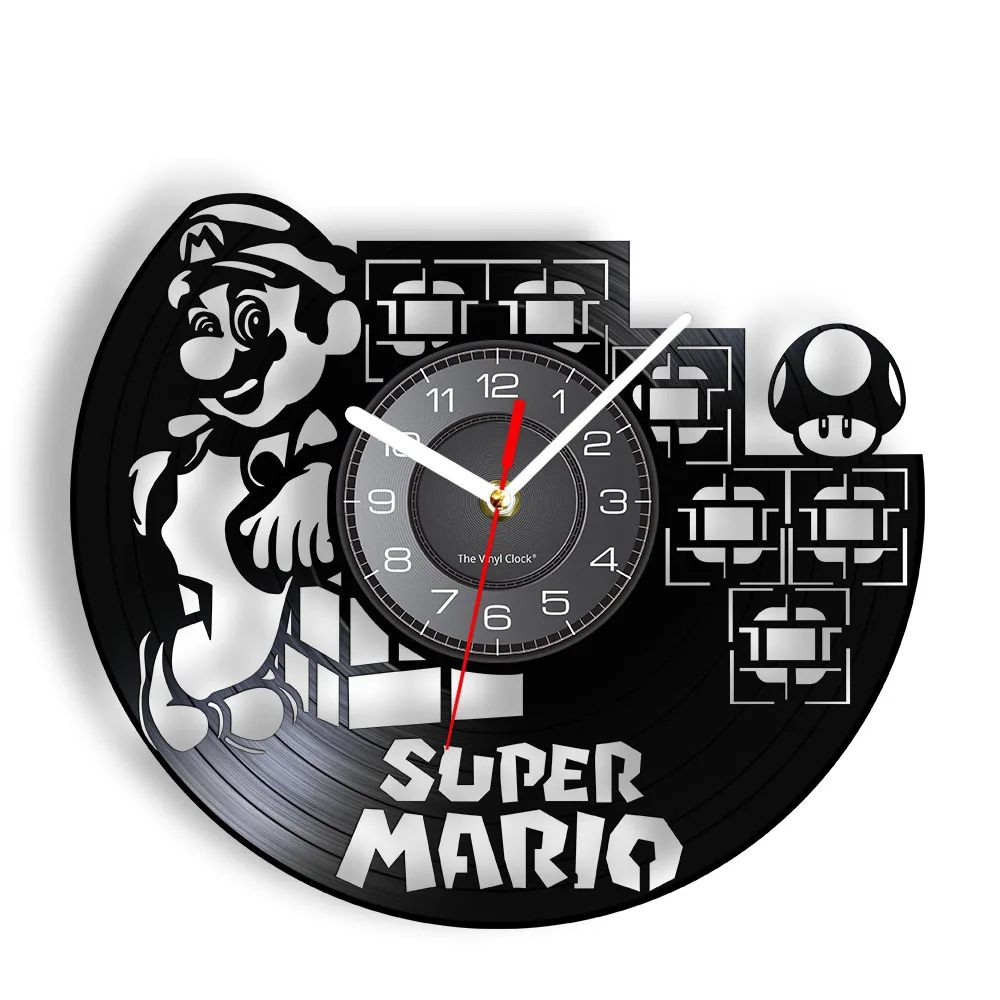 Video Game Inspired Vinyl Record Clock Princess & Mr. Mario WIth Magic Mushrooms Longplay Record Wall Watch Silent Hanging Decor wall clock for living room