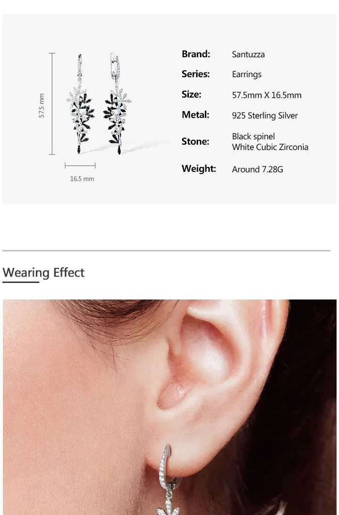 SANTUZZA Silver Drop Earrings For Woman 925 Sterling Silver Black Spinel White Cubic Zirconia Flowers Classical Fine Jewelry