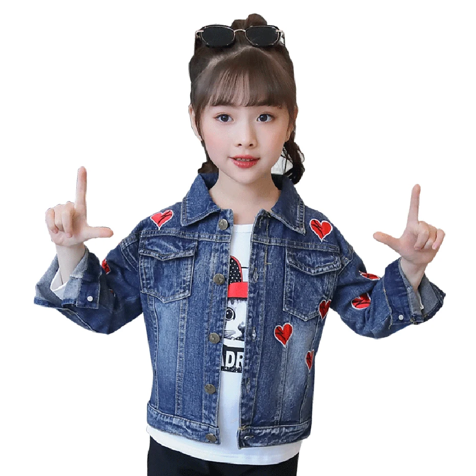 Kids Jacket Fashion Denim For Girls Heart Embroidery Spring Autumn Novelty Clothes 6 8 10 12 14 | Детская одежда и обувь