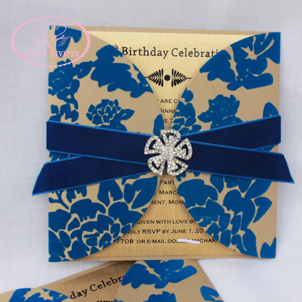100pcs-Custom-Bithday-Invitation-Card-in-Gold-with-Blue-Flocking-Design ...