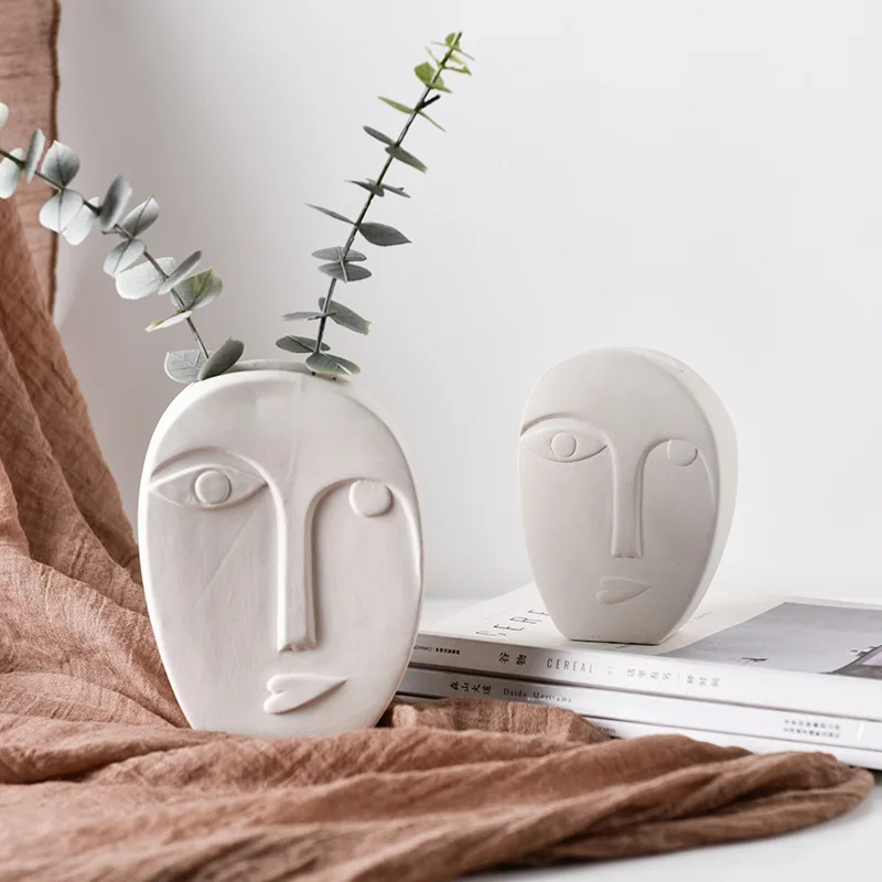 

Nordic Handicraft Vase White Flower Pot Living Room Artist Face Mask Ceramic Vase Home Decoration Flower Vases Table Decor Prop