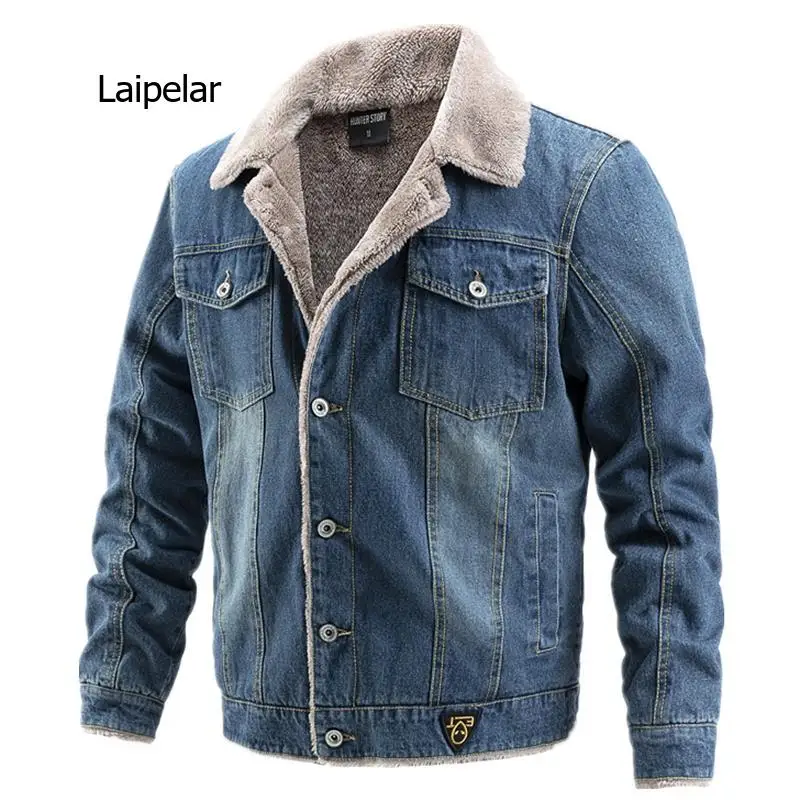 Thick Velvet Denim Jacket Men Casual Cotton Lapel Jacket with Fur Collar Warm Winter Coats