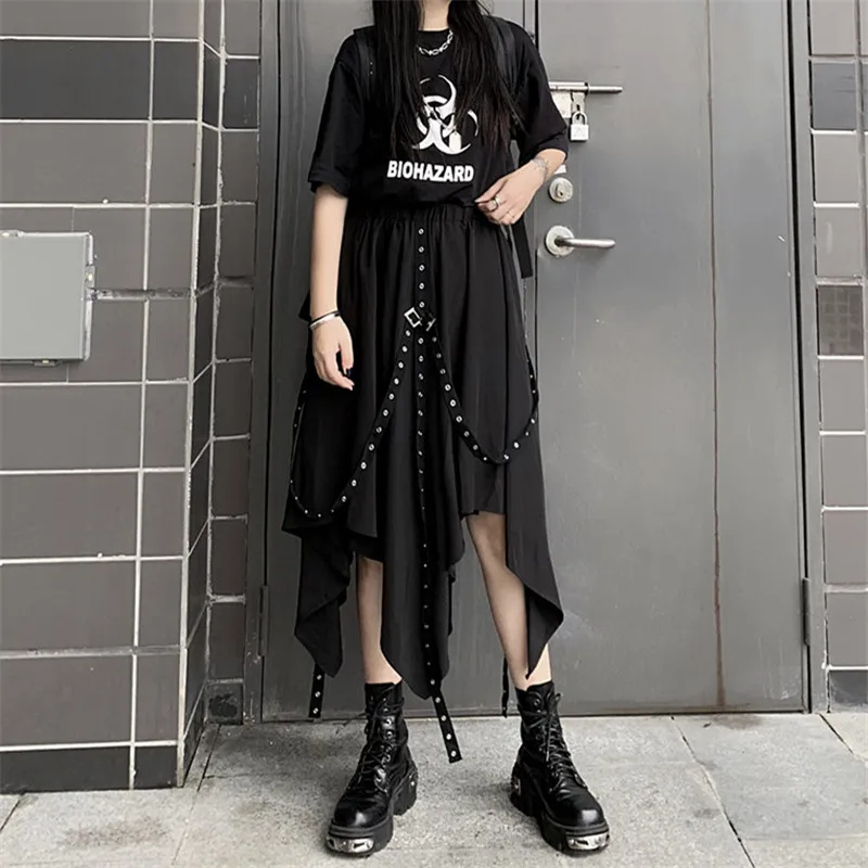 Lychee Harajuku Свободная Женская Однотонная юбка выше колена черная лента нерегулярная Летняя женская юбка с высокой талией Женская юбка