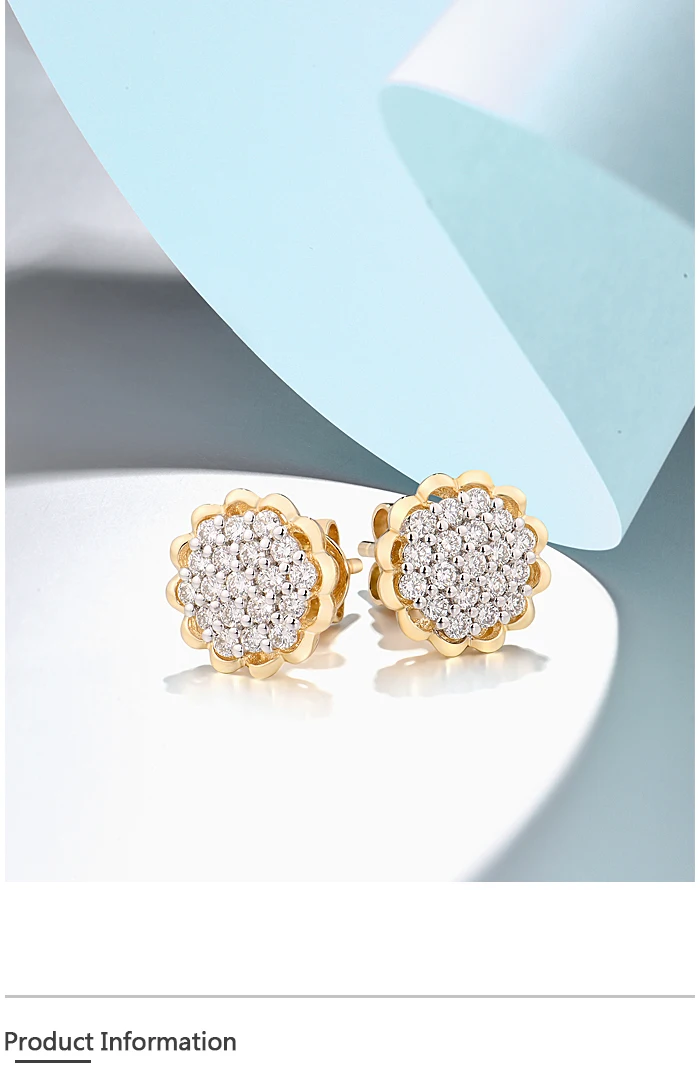 VISTOSO Gold Earrings For Women 14K 585 Yellow Gold Sparkling Diamond Dainty Sunflower Stud Earrings Fashion Trendy Fine Jewelry