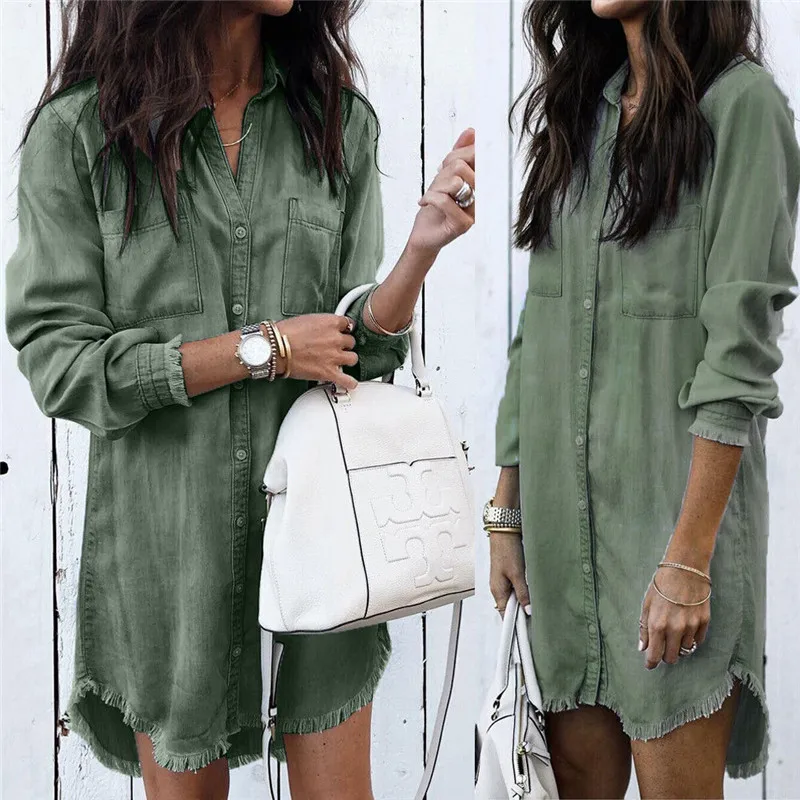 

2019 Newly Autumn Women Causal Blouse Tops 4 Style Long Sleeve Single Breasted Solid Denim Long Length Blouse Tops