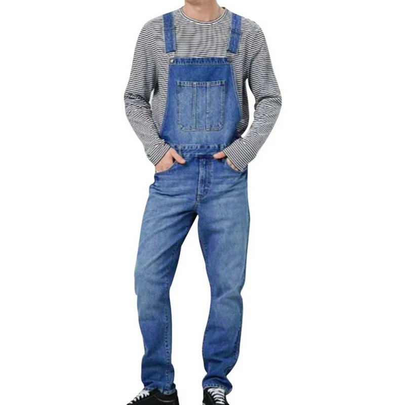 Высокие уличные карманы джинсы мужские модные джинсовые ремни-подтяжки Состаренный комбинезон джинсы Feminino комбинезоны комбинезон брюки - Цвет: Синий