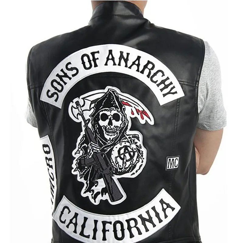

Anarchy Son Embroidered Leather Vest Cosplay Costume Black Color Harley Motorcycle Rock Punk Sleeveless Jacket