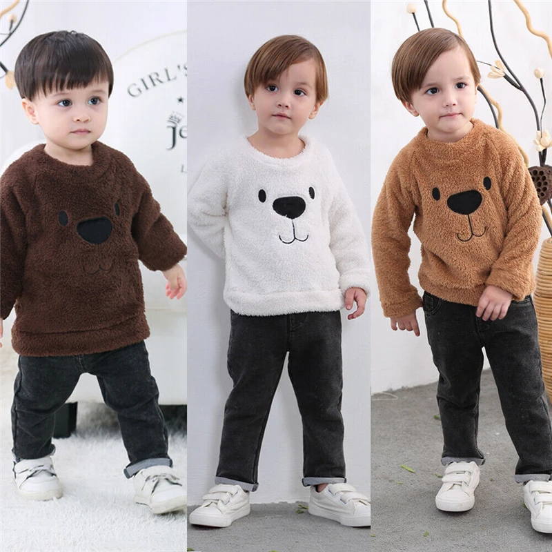 Плотный флисовый пуловер для маленьких мальчиков и девочек, топы, теплая одежда, комплекты, свитер для малышей, детская зимняя одежда с милым медведем для маленьких девочек