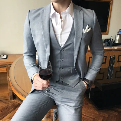 

(tops + Pants + Vests) Men's British Fashion Business Professional Small Suit Young Slim Korean Best Man Groom Wedding Dress