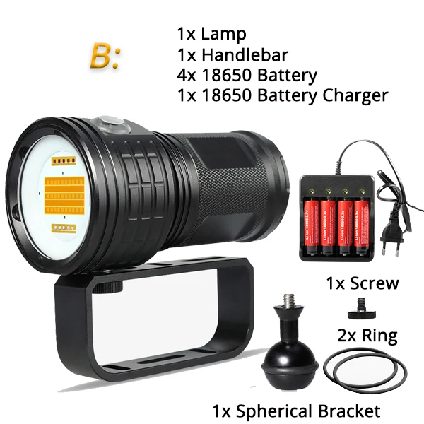 Package B 7000лм COB светодиодный светильник-вспышка для дайвинга, фонарь светильник для подводного плавания, ультра яркий 500 м, водонепроницаемая лампа для фотосъемки белого, синего и красного цветов - Испускаемый цвет: Package B