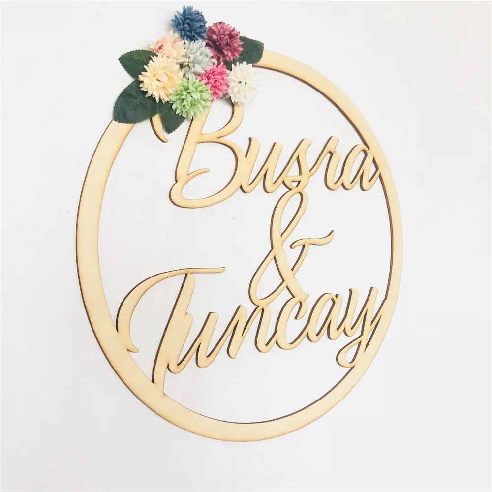 Custom Wreath Wooden Wedding Circle Hanging Personalized Couples Name Flower Sign Romantic Wooden Marriage Party Decorations