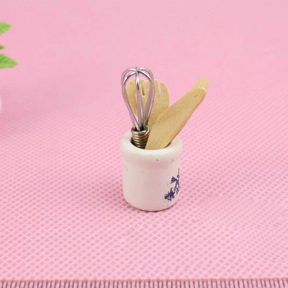 Kids Simulation Dollhouse Miniature Decor Wooden Knife Forks Toy Metal Whisk Jar Set Kitchen Toy
