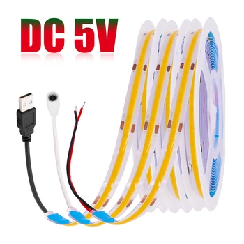 LED COB 스트립 라이트 USB 고밀도 선형 조명, 유연한 테이프 조명, 따뜻한 자연 화이트 레드 블루 그린 장식, DC 5V, 320LED