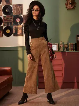 

Brown Women Pantalon Fashion Vintage Winter Warm High Waist Wide Leg Pants Women Button Pocket Loose Corduroy Long Trousers