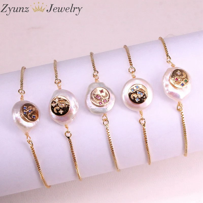 10 шт., пресноводный жемчуг красочный cz браслет, Монета Форма натуральный ювелирный браслет с жемчугом