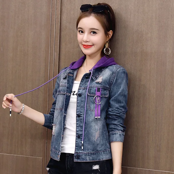

2018 Autumn New Style Korean-style Students Loose-Fit Short Hooded with Holes Jeans Coat WOMEN'S Long-sleeve Blouse
