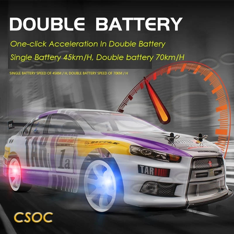 CSOC High speed 1/10 RC Racing Drifting Cars Remote Control One-click Acceleration In Double Battery Big Off-road 4WD for Adults