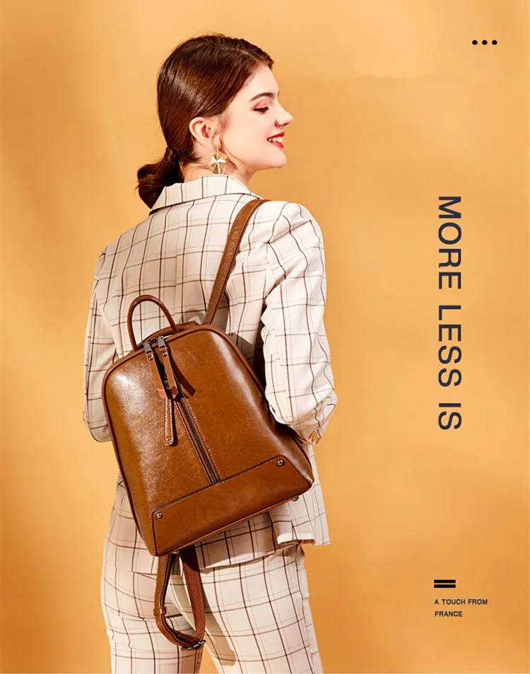 JVZD New Style Women Backpack，Split Leather Cowhide School Bags Girls，Oil Wax Rivet Travel Backpack