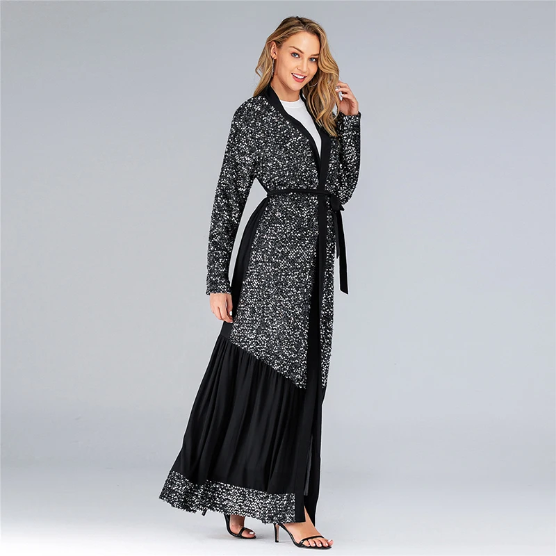 Черное платье-кимоно abaya с блестками, мусульманское платье, платье хиджаб, кафтан, марокканский кафтан, Дубай, Турецкая ислам, одежда для женщин