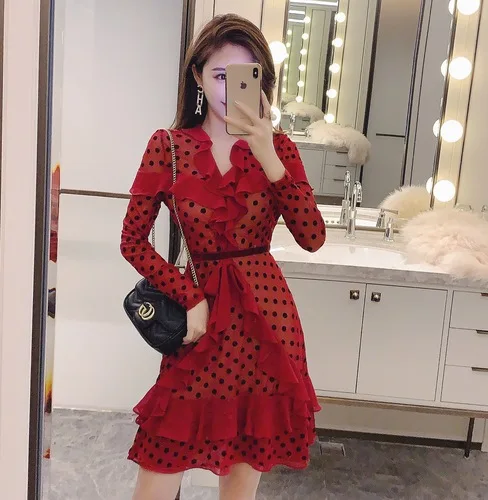 

Aihuyigui 2019 Spring Sexy Deep V-neck Red Polka Dot Dress Autumn Women Runway Ruffle Holiday Above Knee, Mini Dresses Dr794