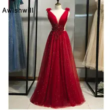 Новинка, платье для выпускного вечера с v-образным вырезом, украшенное бисером, длинное ТРАПЕЦИЕВИДНОЕ платье в пол, фатиновое блестящее красное вечернее платье, женское платье, Vestido Largo Gala