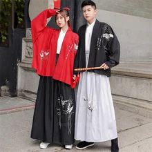 Для мужчин костюм самурая японский Стиль Haori вышивка Кран кимоно, кардиган, европейское платье Винтаж традиционная юката костюм Для женщин