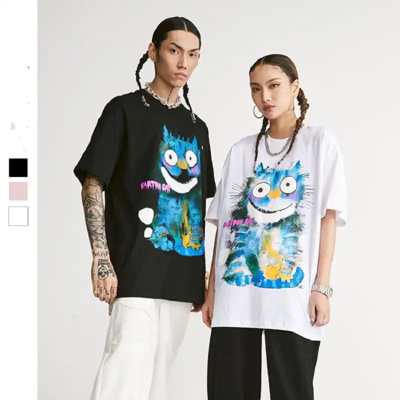 21春と夏新メンズストリートクリエイティブ漫画スマイリー猫印刷カップルtシャツ半袖男性と女性と同じ Tシャツ Aliexpress